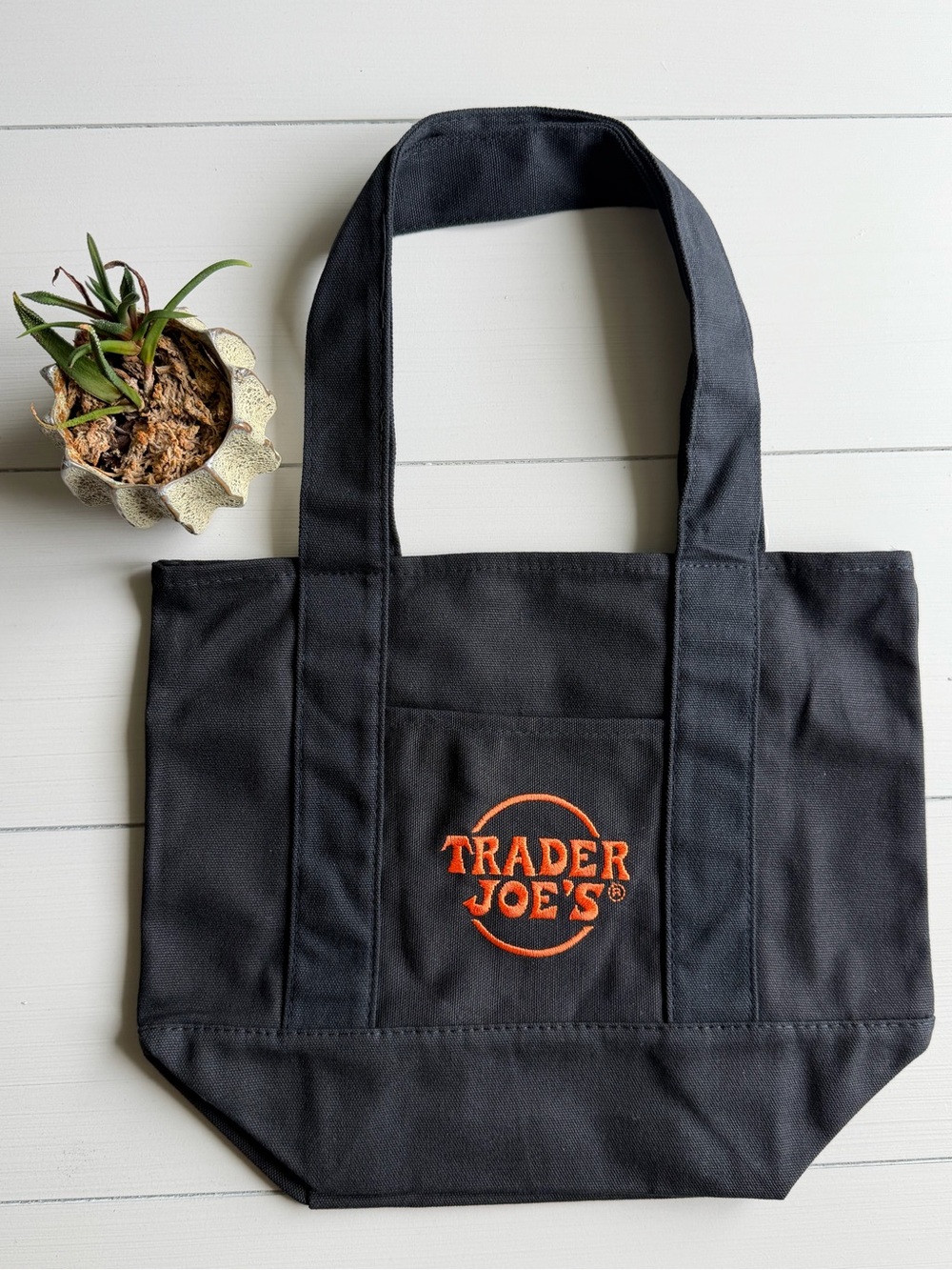 Trader Joe's 2026 Classic Halloween Black Mini Canvas Tote Bag with Orange Logo